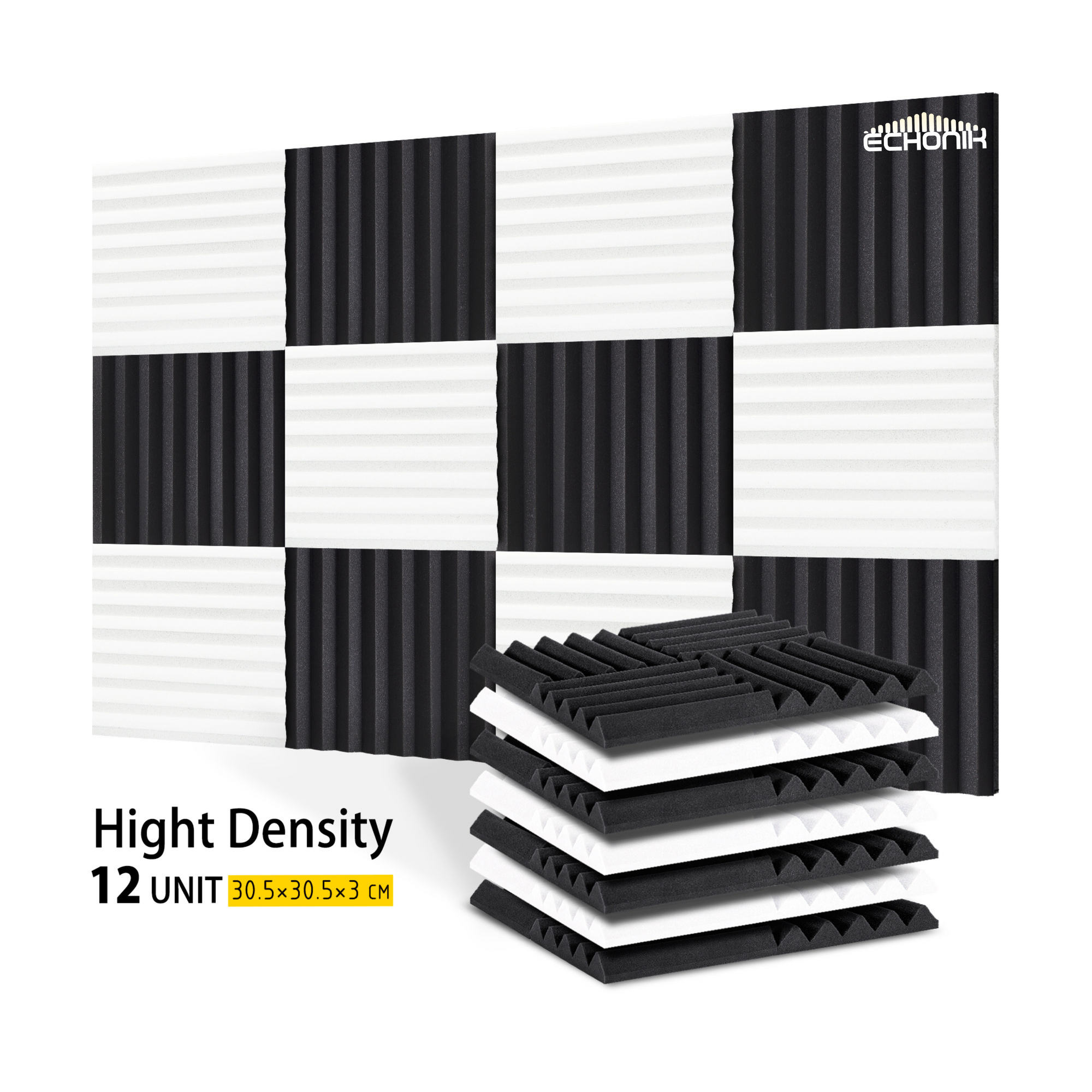 ECHONIK 3CM Light Alpha Absoption Acoustic Panels 12 Unit BLACK & WHITE