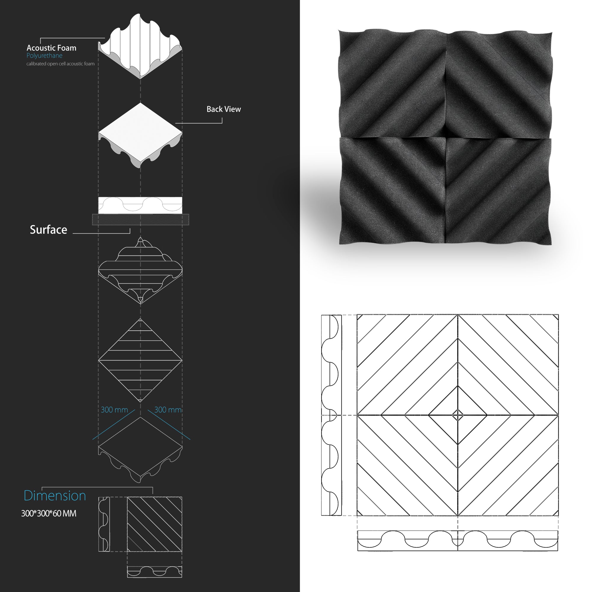 ECHONIK Bent Sound Absorption Acoustic Panels Black 12 Unit