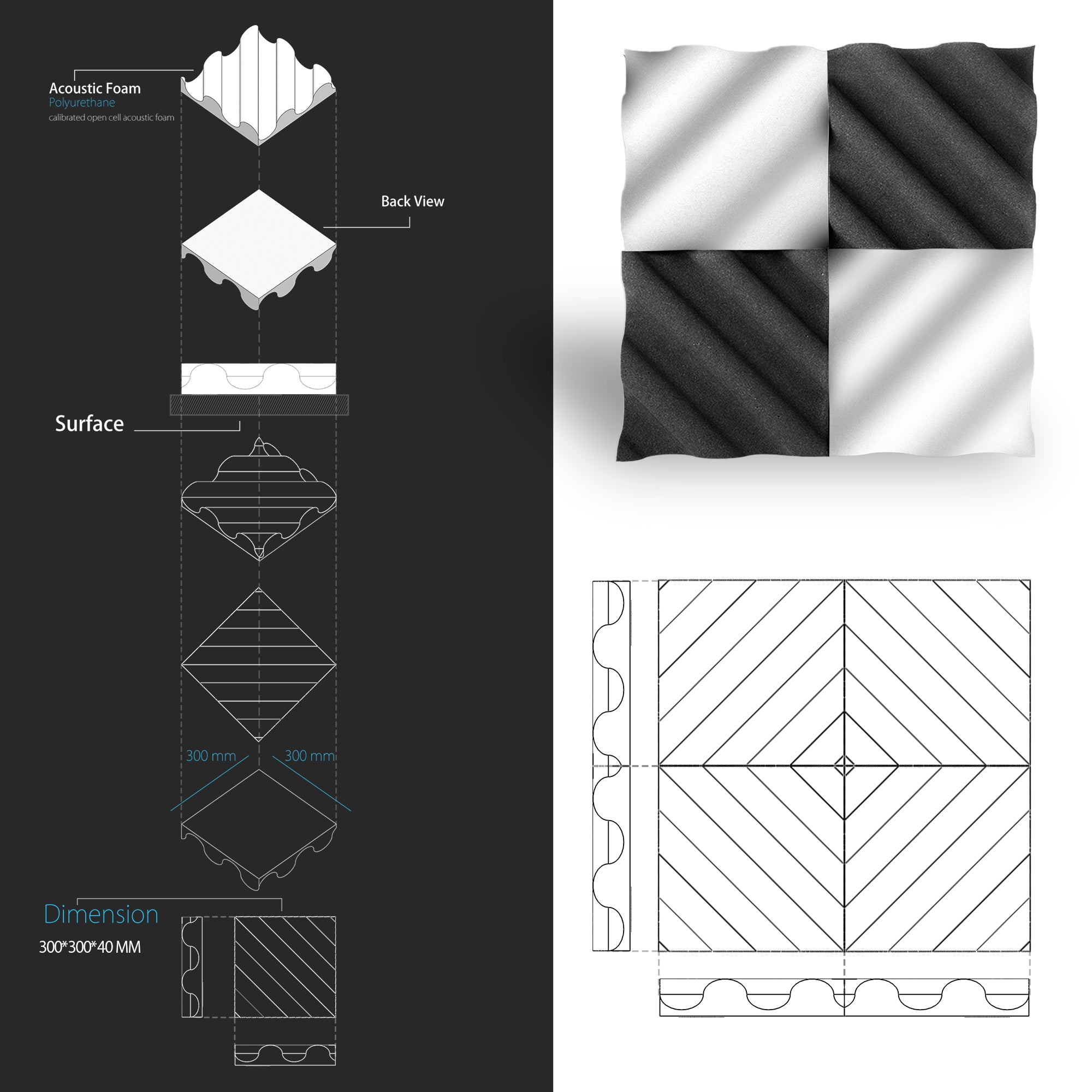 ECHONIK Bent Sound Absorption Acoustic Panels Black 12 Unit