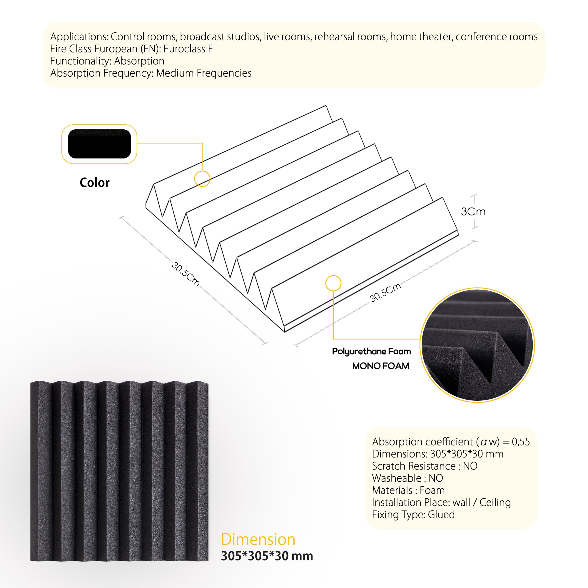 ECHONIK 3CM Light Alpha Absoption Acoustic Panels 12 Unit  BLACK