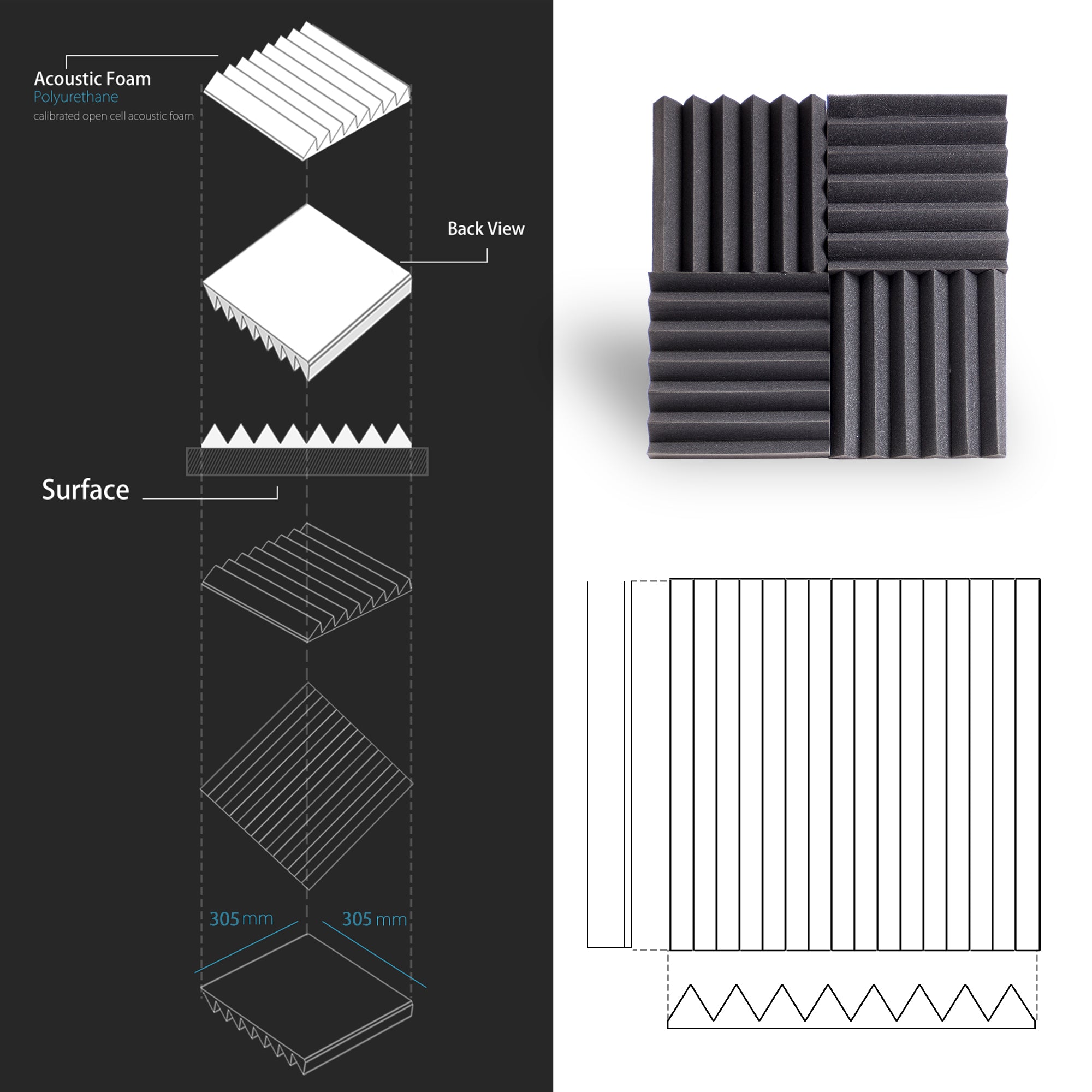 ECHONIK 3CM Light Alpha Absoption Acoustic Panels 12 Unit  BLACK