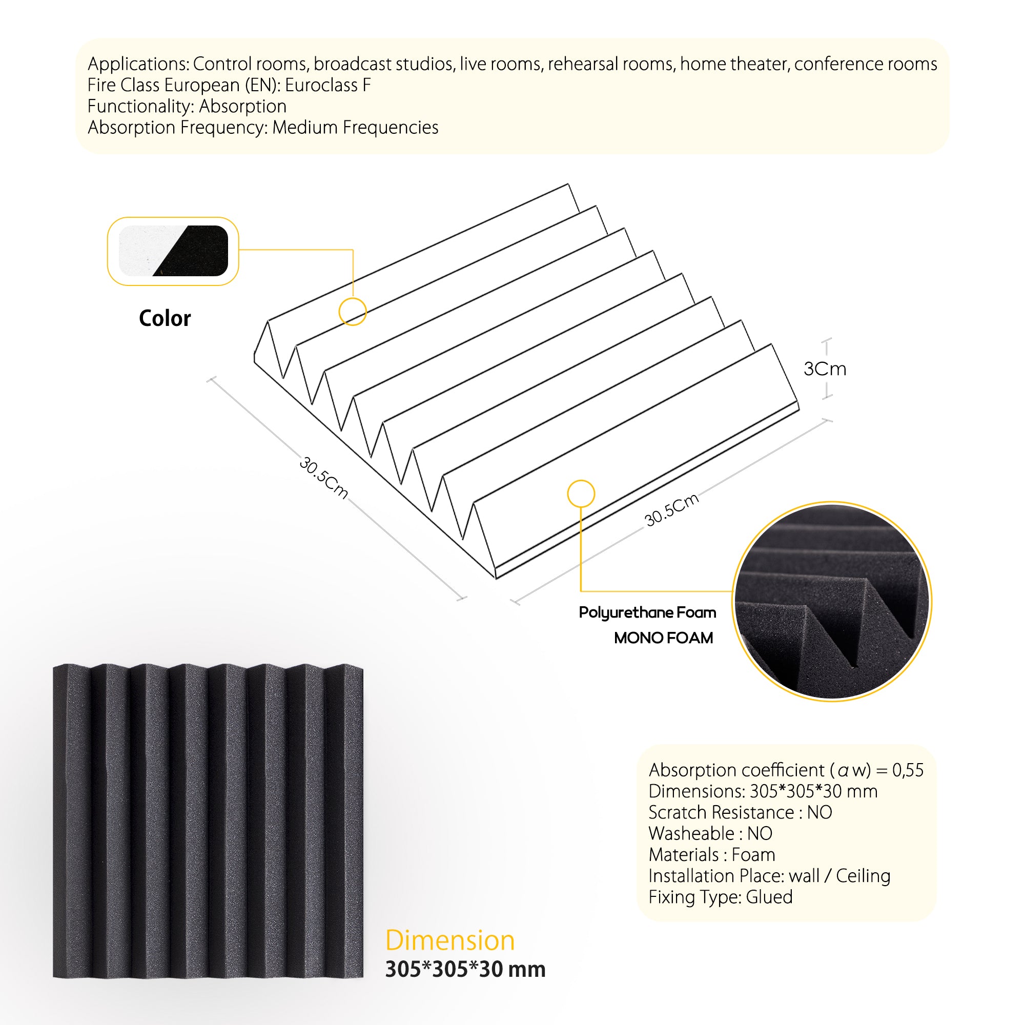 ECHONIK 3CM Light Alpha Absoption Acoustic Panels 12 Unit  BLACK & WHITE