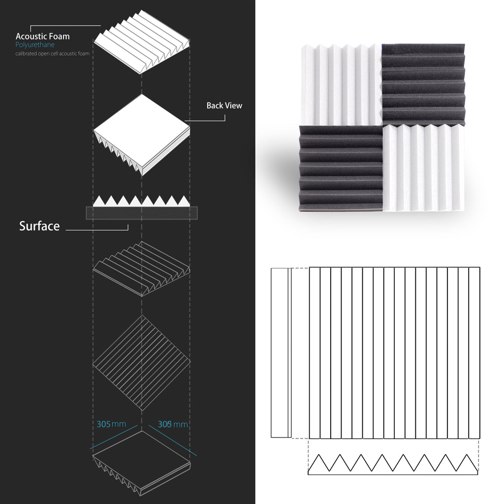 ECHONIK 3CM Light Alpha Absoption Acoustic Panels 12 Unit  BLACK & WHITE