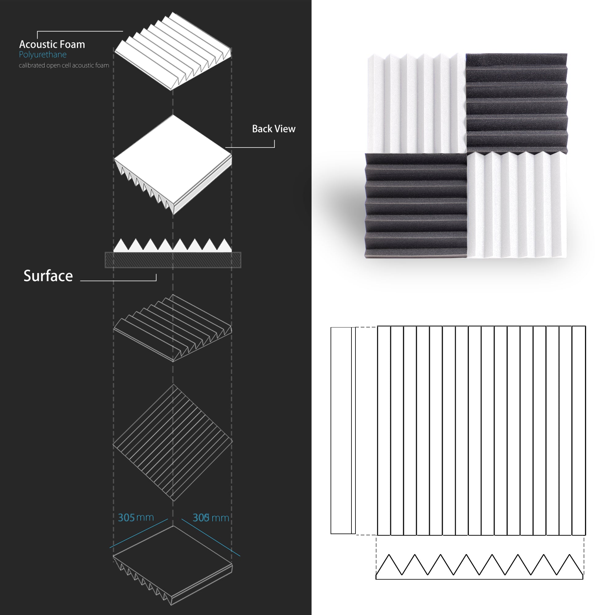 ECHONIK 3CM Light Alpha Absoption Acoustic Panels 12 Unit  BLACK & WHITE