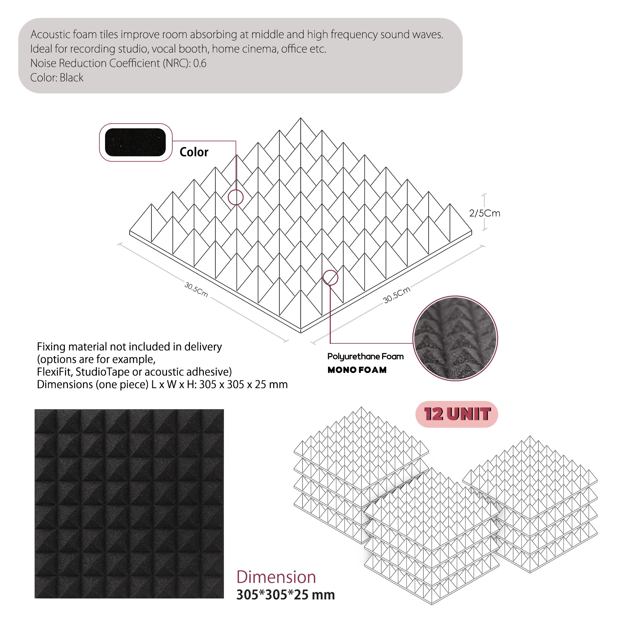 ECHONIK 2.5 CM Pyramid Acoustic Absorption Panels 12 Units