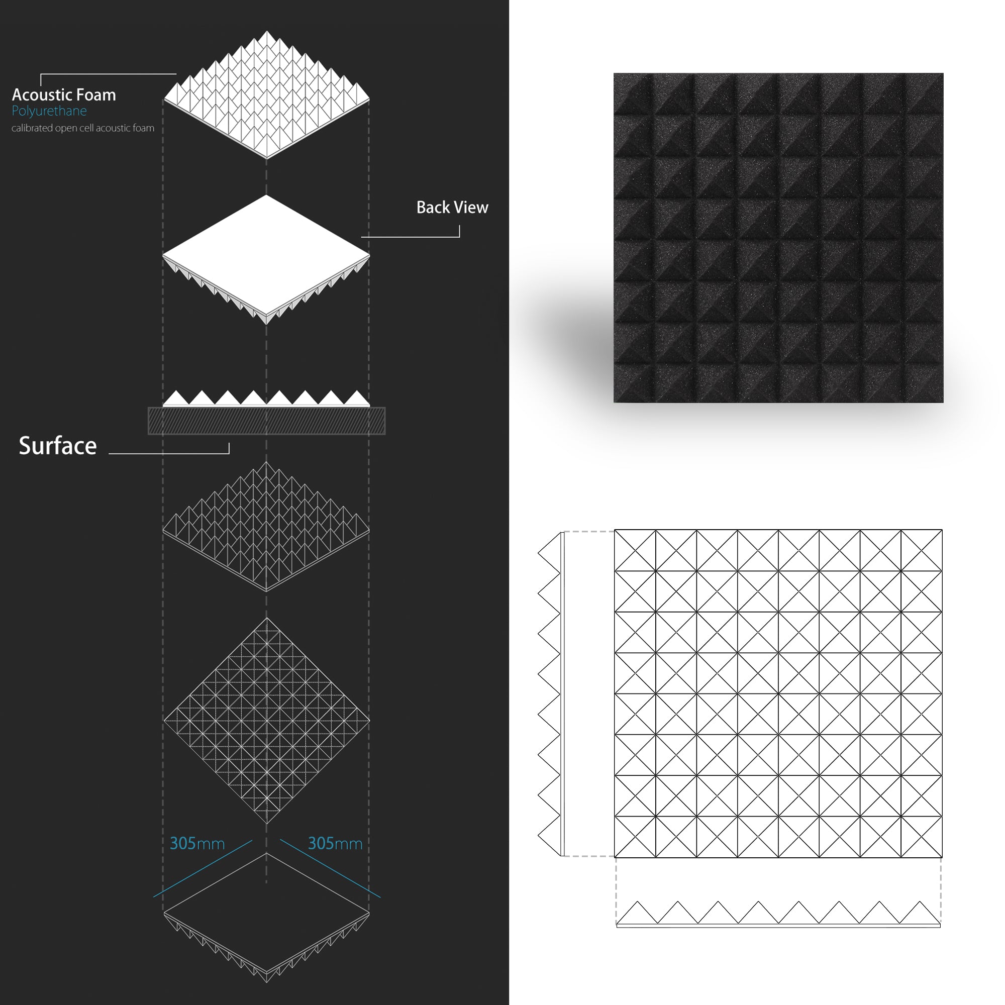 ECHONIK 3 CM Pyramid Acoustic Absorption Panels 12 Units