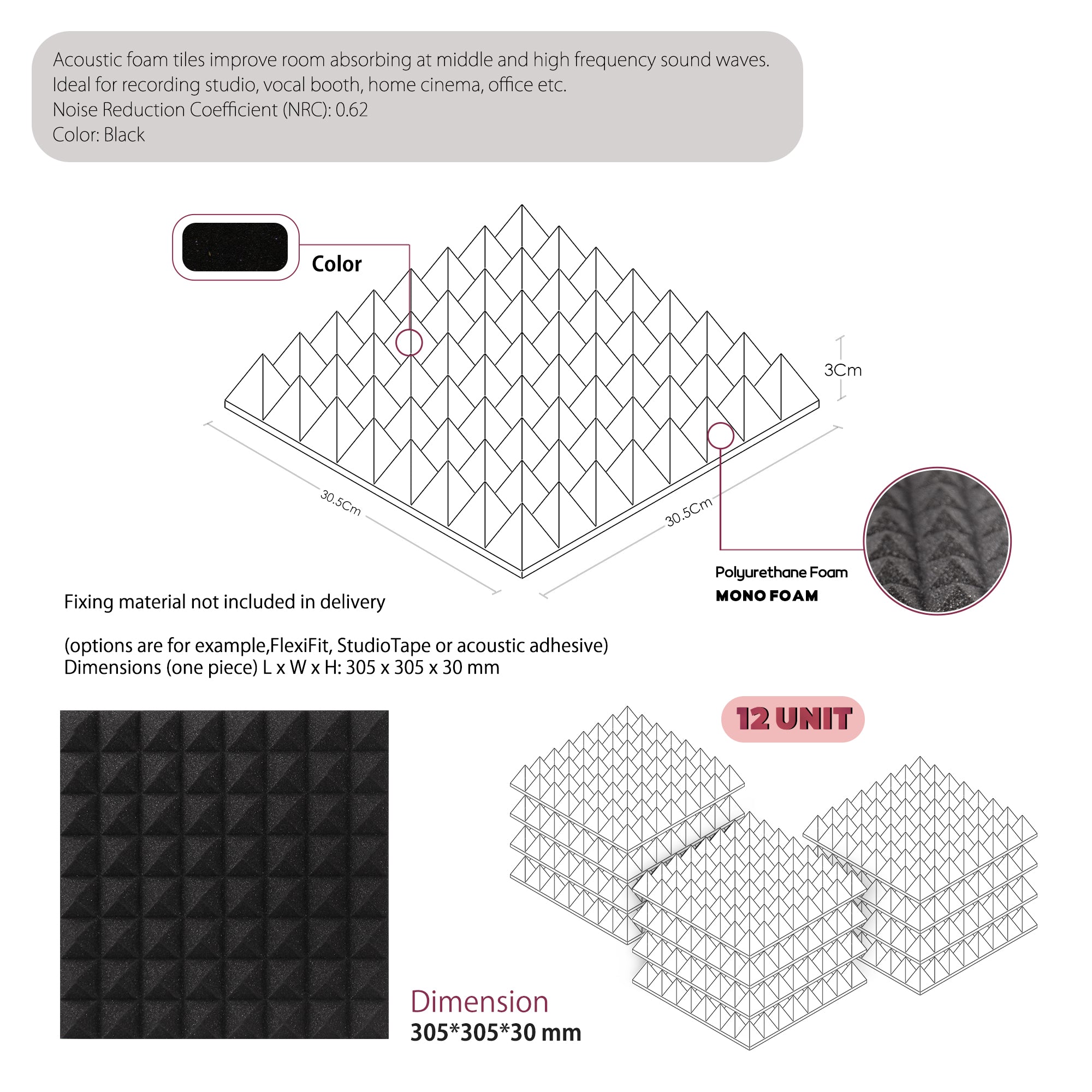 ECHONIK 3 CM Pyramid Acoustic Absorption Panels 12 Units