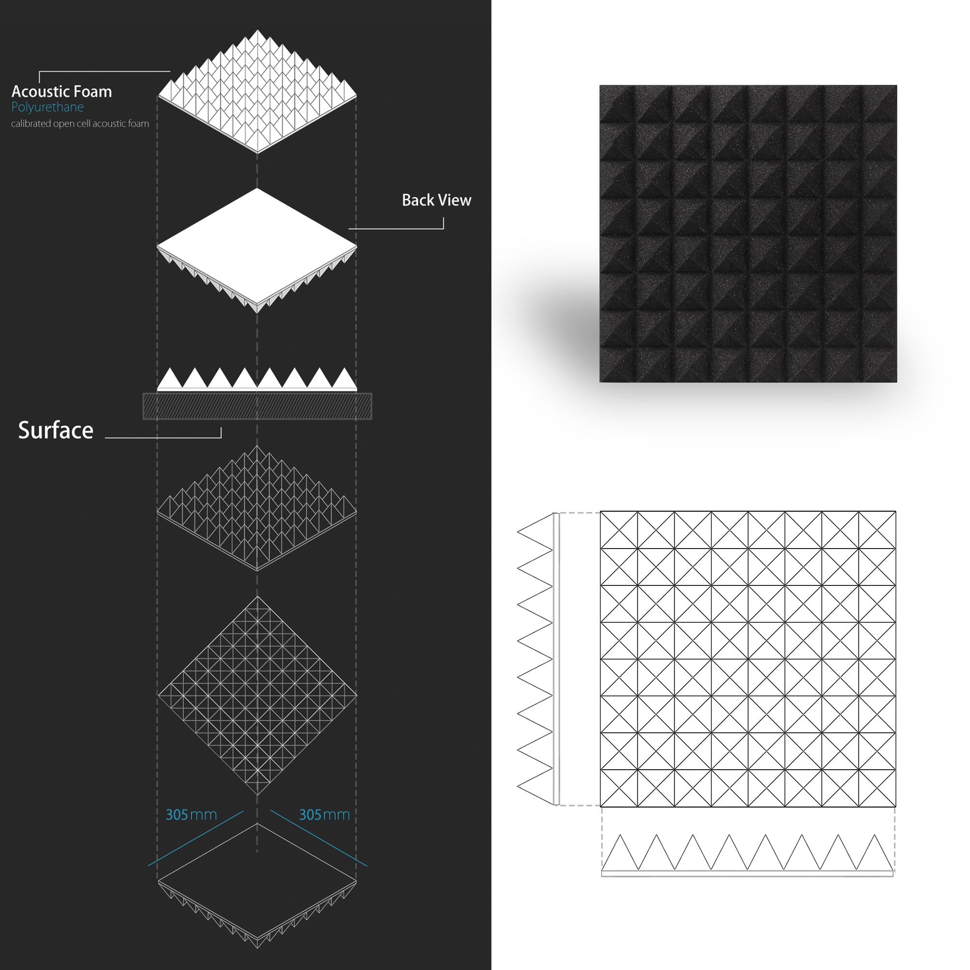 ECHONIK 5 CM Pyramid Acoustic Absorption Panels 12 Units